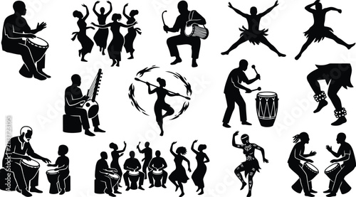 Konstfotografi Collection of african tribal dance and music silhouettes featuring traditional d