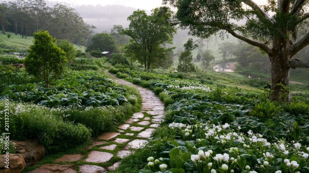 Obraz premium Serene Garden Pathway Surrounded by Lush Greenery and Vibrant Flowers in a Tranquil Natural Landscape at Dawn