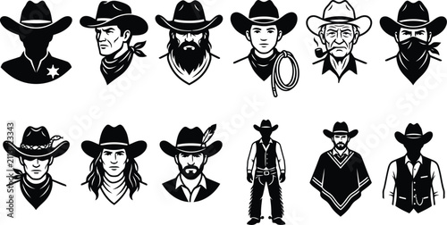 Fotografía Collection of black and white portraits of cowboys and outlaws wearing hats, ban