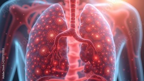 Detailed anatomical illustration of human lungs with glowing red and blue highlights, showcasing intricate bronchial structures and alveoli against a dark background
