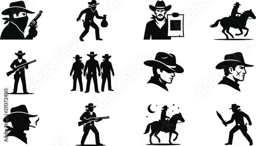 Принти на полотні Collection of black silhouettes showing cowboys, outlaws, gunmen, and horses in