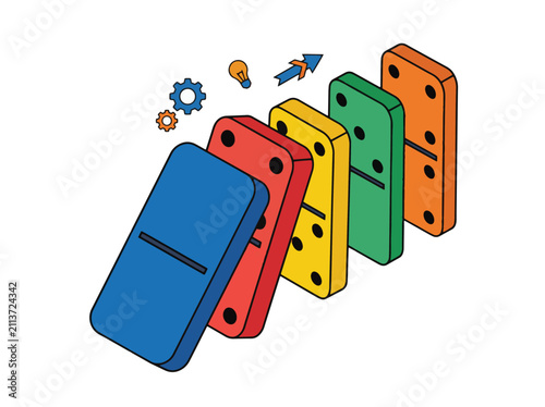 Colorful Domino Effect Representing Strategic Business Progress and Chain Reaction Concept Illustration