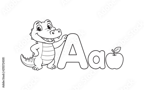 Cute Alligator Alphabet Coloring Page with Letter A and Apple - Educational Black and White Vector Illustration