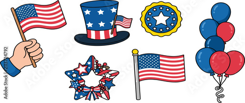 Tableau sur toile Patriotic American 4th of July celebration party elements vector collection feat