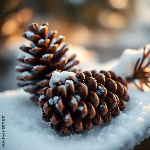 Two pine cones covered with...