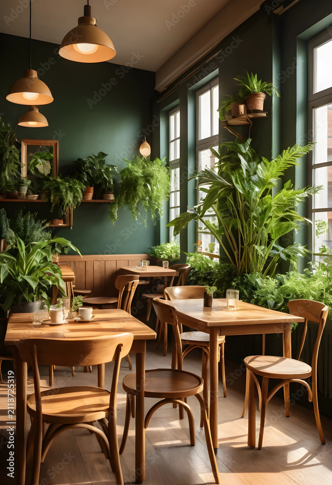 Fototapeta premium Cozy cafe interior with wooden tables and green plants