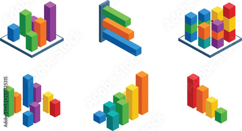 Isometric 3d bar charts and data graphs with colorful blocks arranged in various configurations isolated on a white background, for analysis