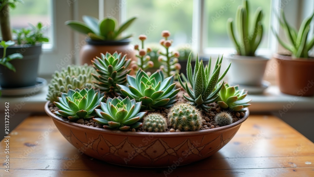 Fototapeta premium Succulent arrangement in a decorative bowl on a wooden table, surrounded by various potted plants near a window with natural light illuminating the scene