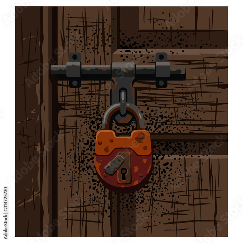 Rusty padlock and bolt on weathered wooden door.