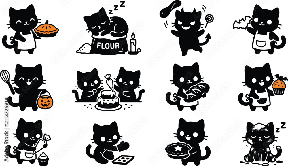 Obraz premium Set of cute black kitten silhouettes as bakers and chefs, performing various cooking activities on a clean white background