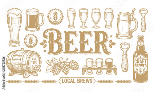 Vintage beer typography emblem with hand drawn brewery mug bottle barrel doodles set vector illustration