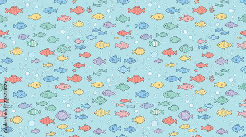 Cute colorful fish seamless pattern on blue underwater background for nursery fabric wallpaper wrapping paper and marine decor