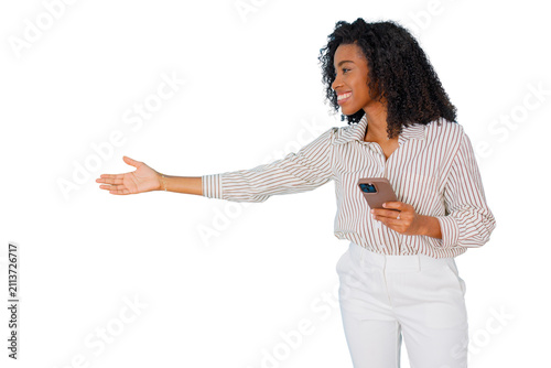 Obraz na plátně African american woman holding phone, extending hand for welcome, assistance, or