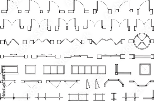 Architectural floor plan symbols set showing various door and window types in a technical line drawing style