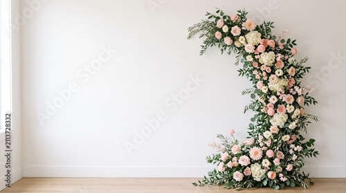 Soft pink and blue floral spring garden pathway background with blooming cottage flowers and warm sunlight