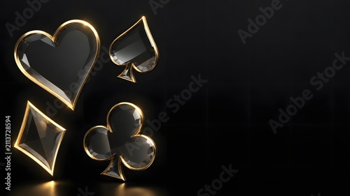 Casino Royale Symbols: Elegant black and gold playing card suits—hearts, diamonds, clubs, and spades—float ominously against a dark, sophisticated background, evoking mystery and high stakes.