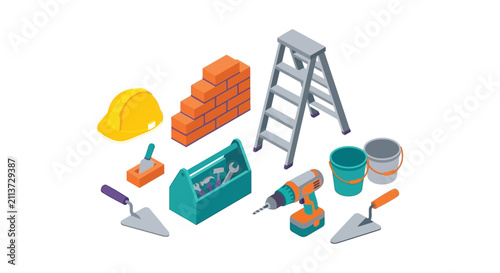 Принти на полотні Construction tools and building materials isometric vector illustration on a whi