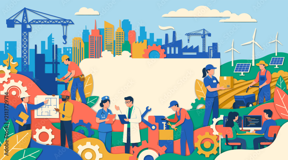Fototapeta premium Celebrating essential workers and industry collaboration, this vibrant Labor Day poster illustrates diverse professionals contributing to a modern, sustainable economy