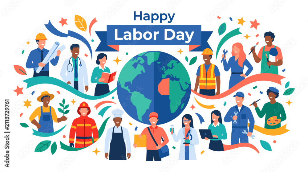 Naklejka premium Happy Labor Day Poster Celebrating Global Workforce and Diverse Professions