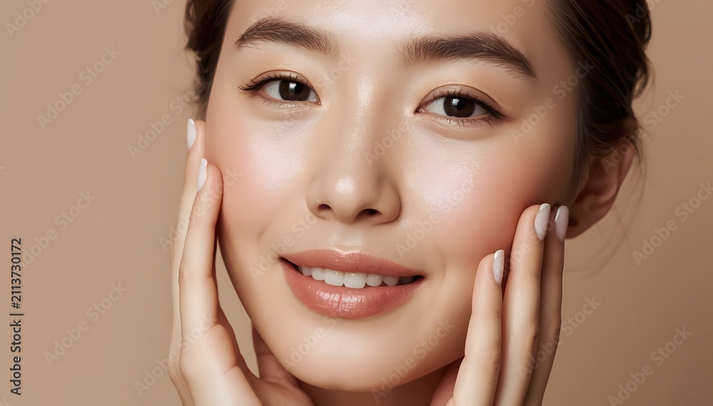 Obraz premium Radiant Beauty: A young woman with clear, glowing skin and a gentle smile poses with her hands touching her face, highlighting her natural beauty and delicate features.