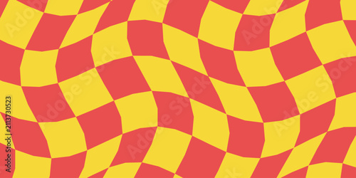 Distorted red and yellow checkered pattern vector background with warped geometric squares