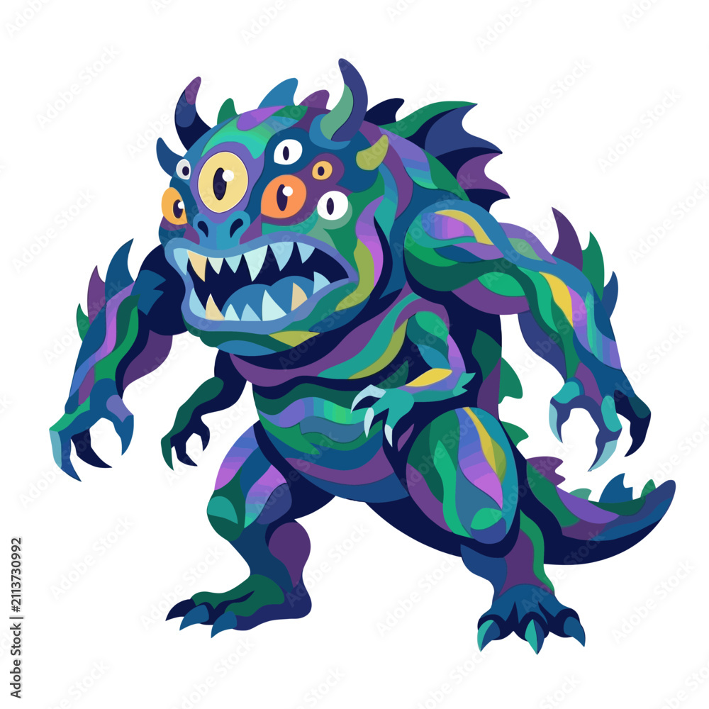 Fototapeta premium Colorful multi-eyed monster character with sharp teeth.