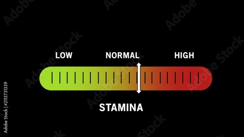 Dynamic stamina level progress bar animation featuring a moving indicator slider transitioning from low to energy states for gaming ui, fitness tracking apps, and performance analytics