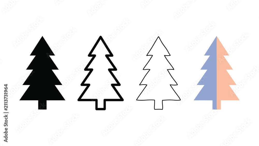 Obraz premium Pine tree evergreen icon set, filled outline sketch and flat color vector collection for forest camping