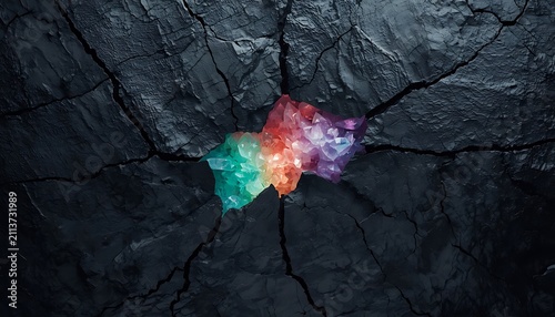 Stunning abstract background with colorful crystal formation erupting from dark cracked stone.
