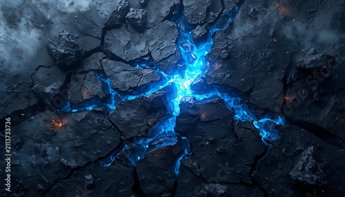 Cracked earth with glowing blue energy pulsing through fissures, creating electrifying abstract pattern.