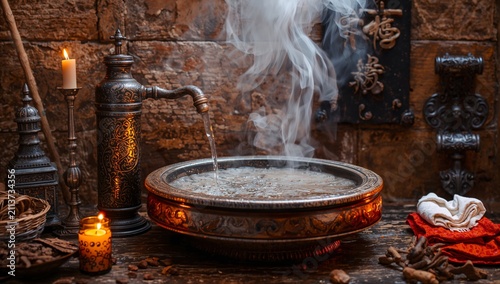 Water Flowing From a Decorative Spout Into a Bowl While Smoke Rises in a Dim ...