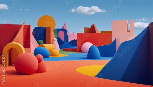 Bright and Colorful Shapes Decorate an Artistic Outdoor Landscape in a Clear ...