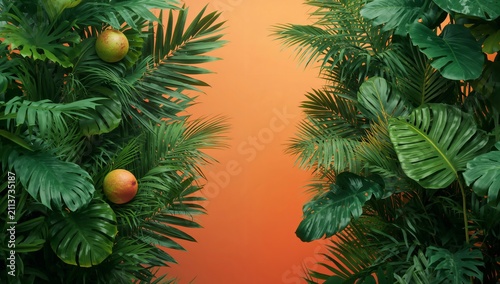 Lush Green Leaves and Oranges Against an Orange Background