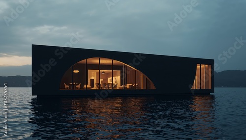 Modern House on Water During Twilight With Lights on Inside