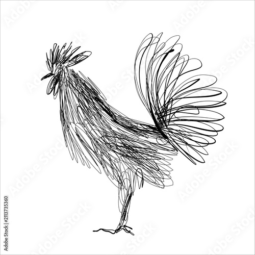 Принти на полотні Vector black and white illustration of a proud rooster cockerel with a bushy tai