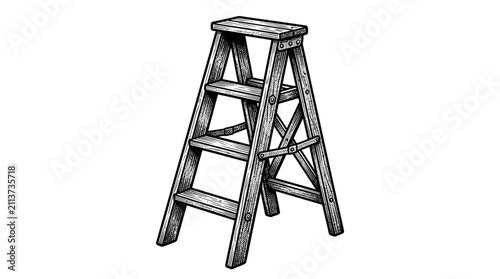Wooden stepladder woodcut illustration for rustic interior design.
