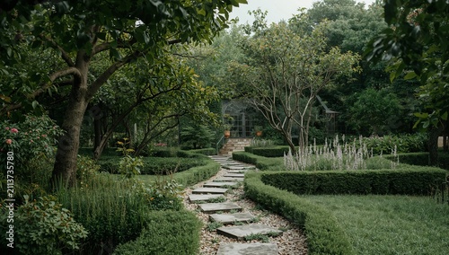 Modern House With Garden Path in Green Outdoor Setting