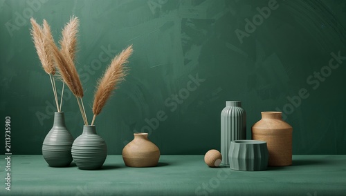 Decorative Vases and Plants Arranged on a Table Against a Green Background in...