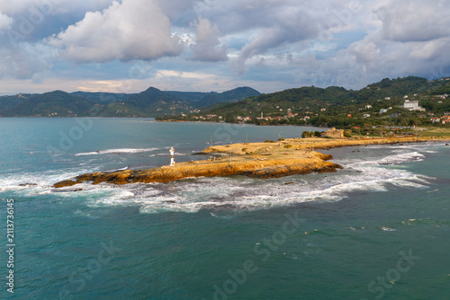 Aerial drone panorama landscape of Yason Burnu (aka Cape Yason) and its lighthouse. Located at Persembe, Ordu, Black Sea region of Turkey