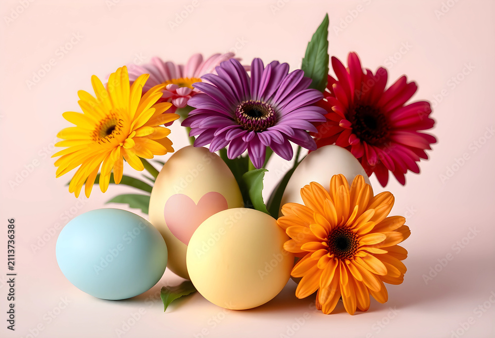 Obraz premium Colorful gerbera daisies with pastel Easter eggs on pink background