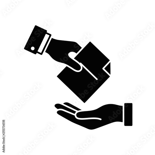 Document exchange depicts a formal handoff of paperwork between two business professionals in an office.