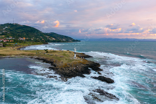 Aerial drone panorama landscape of Yason Burnu (aka Cape Yason) and its lighthouse. Located at Persembe, Ordu, Black Sea region of Turkey