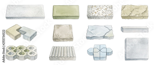 Concrete paving stone blocks set for garden patio landscaping illustration set containing interlocking pavers, flagstone, curb tile, and walkway construction materials isolated on black background.