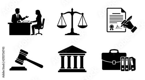 Law Icons Set: Justice Scales, Gavel, Court Building, Legal Document, Lawyer Consultation, Briefcase