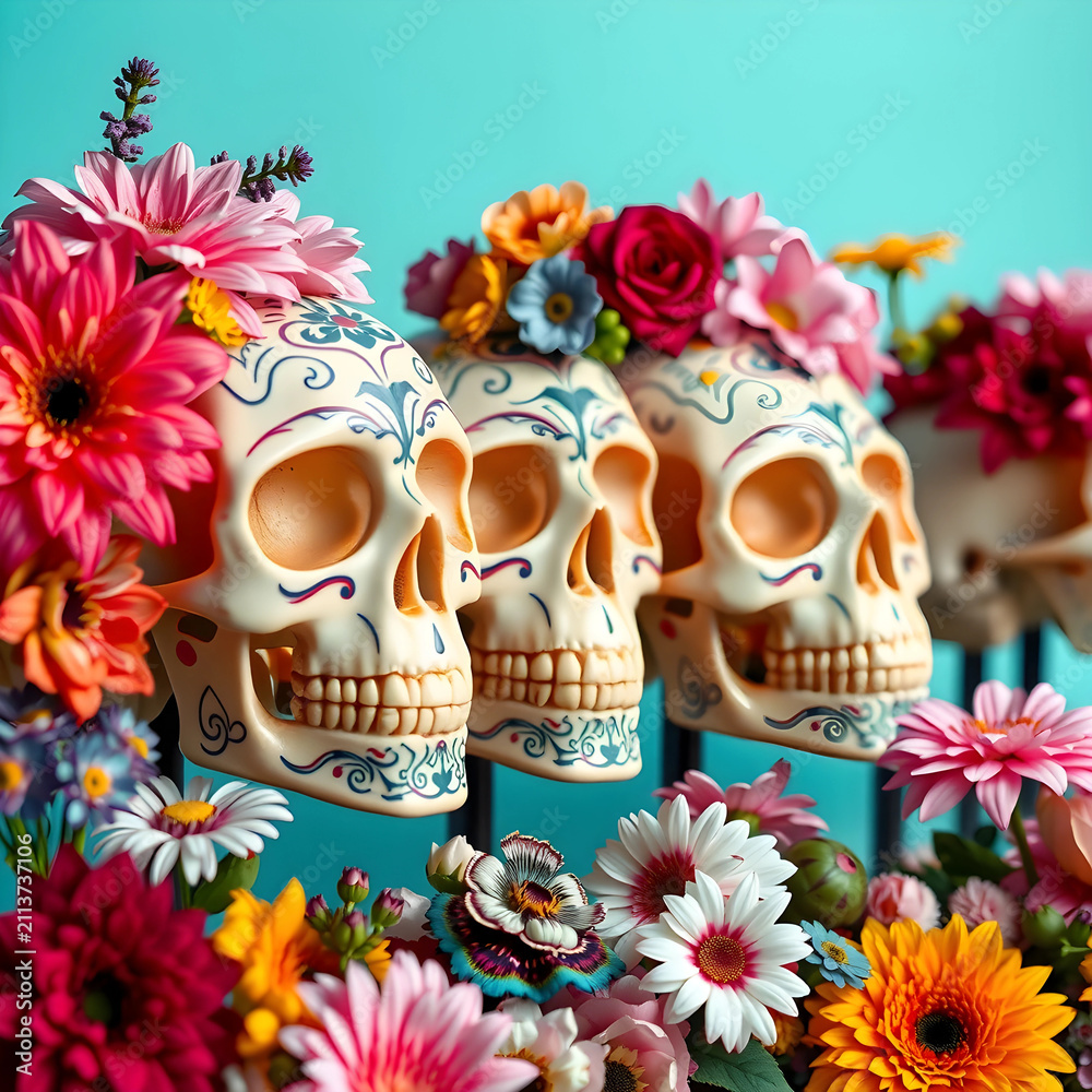 Obraz premium Decorative sugar skulls with colorful flowers for Day of the Dead