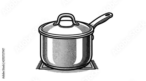 Фотография Stainless steel saucepan with lid and handle.
