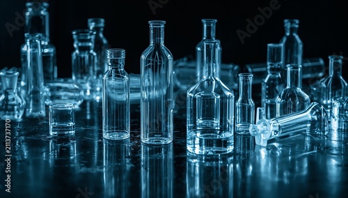 Glass Bottles and Containers Arranged on a Dark Surface in a Laboratory Setting