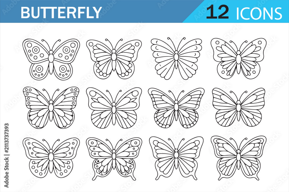 Fototapeta premium Butterfly Insect and Wing Outline Icon Set