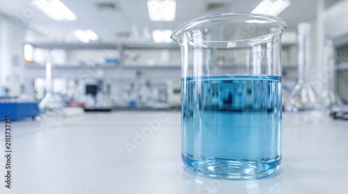 Clear glass beaker filled with blue liquid in laboratory setting with scientific equipment with environment scientific apparatus scientific investigation scientific instrument scientific research