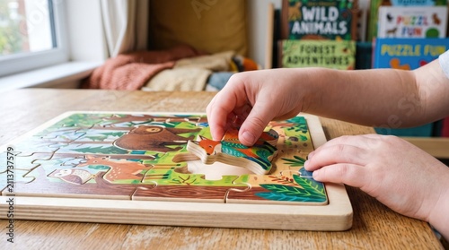Hands assembling a colorful wooden puzzle featuring forest animals in a cozy room with hands placing puzzle piece depicting fox forest themed wooden puzzle table hand eye coordination kids game